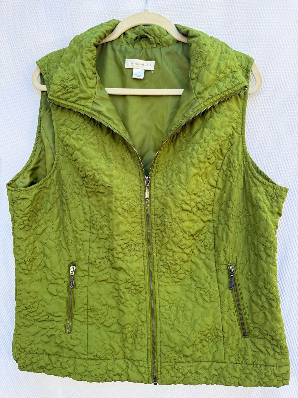 Christopher & Banks Green Floral Quilted Puffer Vest Zip Pockets XL